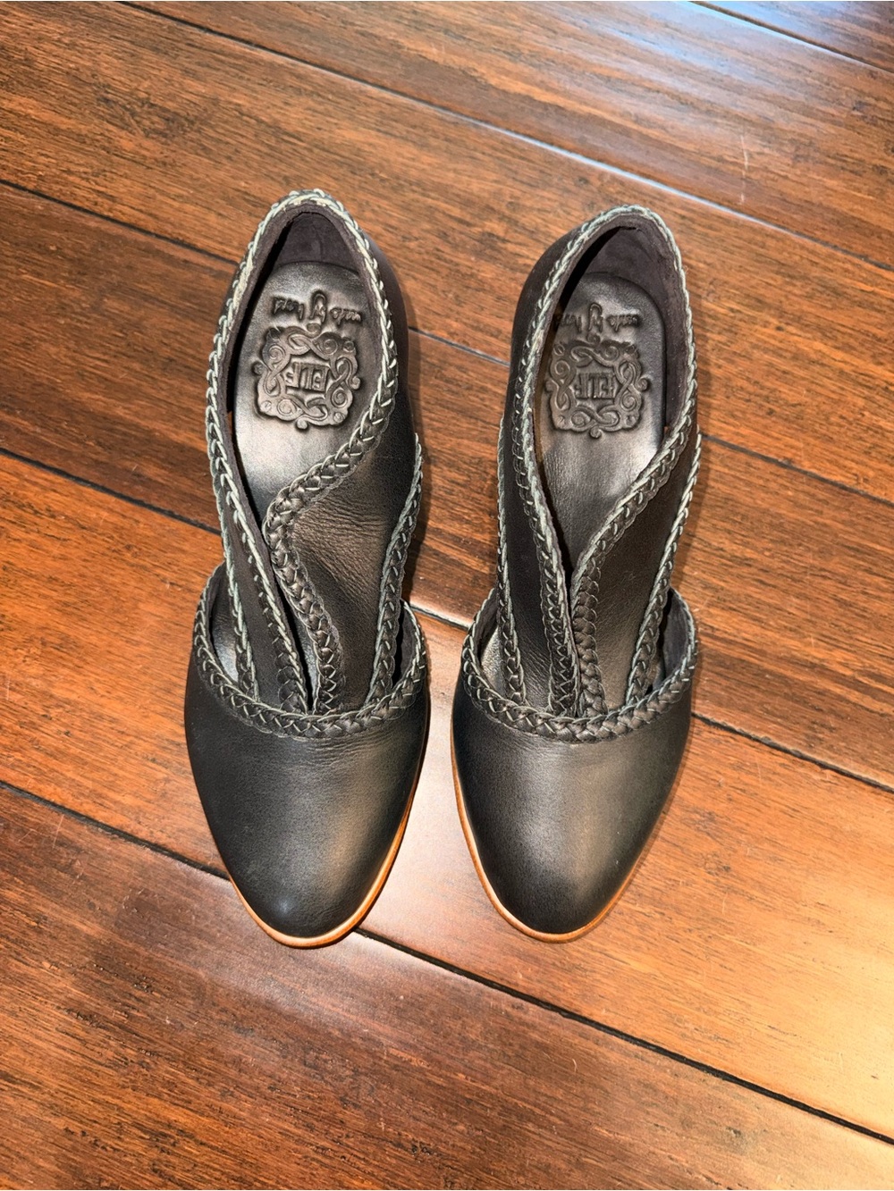 ELF Black Braided Leather Heeled Slip-Ons